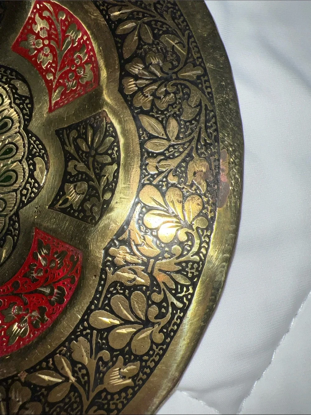 4 Decorative Peacock Brass Wall Plates. Gold w Purple, Blue, Black & Red Accents